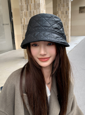 韩版新款真皮秋冬渔夫帽小羊皮保暖显脸小平顶盆帽遮眼气质皮帽子