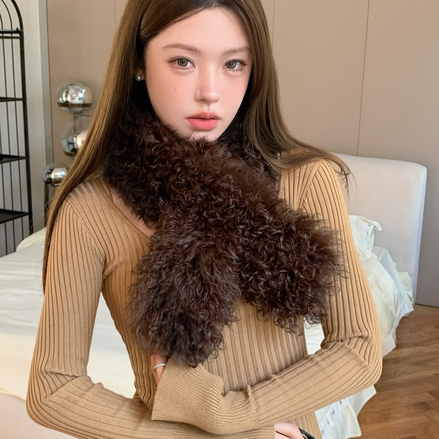 老钱风卷羊毛美拉德色双面围巾