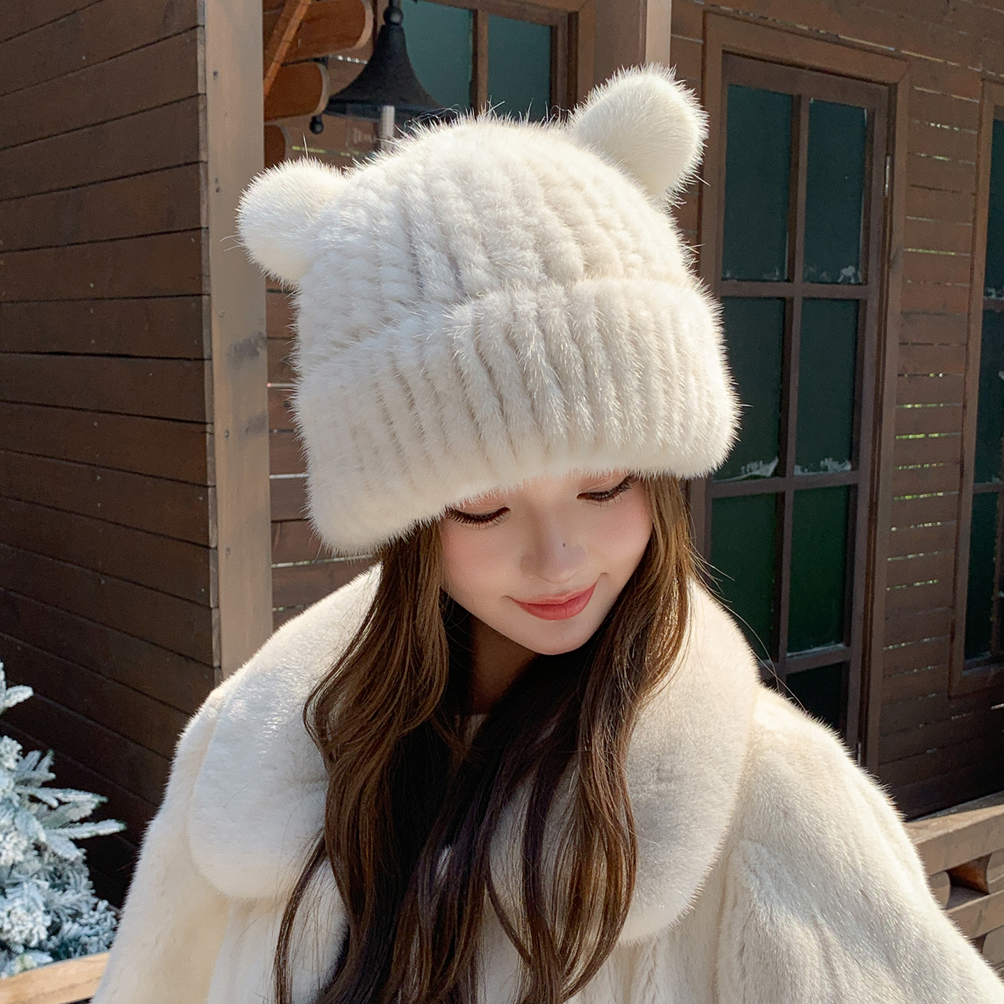 韩版冬季可爱百搭小熊耳朵皮草帽子女士水貂毛编织保暖貂皮护耳帽