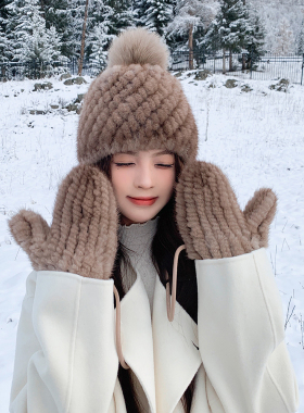 水貂毛皮草帽子/手套二件套女冬季保暖可爱小菠萝护耳帽防寒手套