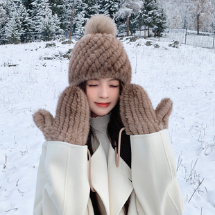 水貂毛皮草帽子/手套二件套女冬季保暖可爱小菠萝护耳帽防寒手套