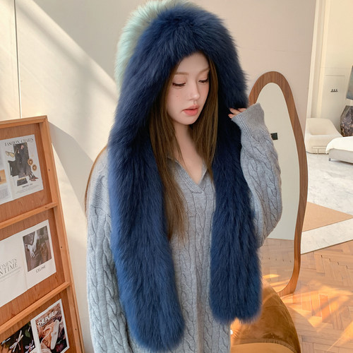 韩版皮草女秋冬走秀狐狸毛风雪帽