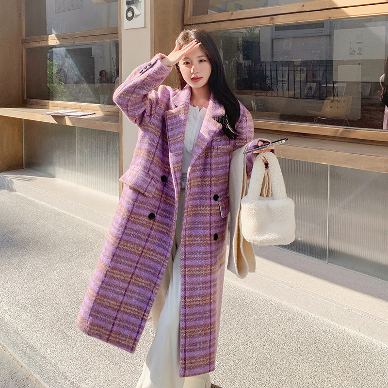 紫色格纹长款毛呢大衣女冬季2025新款爆款高级感加厚减龄呢外套潮,女装毛呢外套,惟卡贝娜