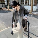 拼接常规春季宽松型口袋方领皮衣休闲洋气宽松中长款，女装皮衣，惟卡贝娜