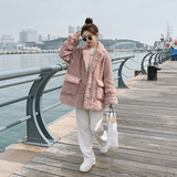 粉色拼接羊羔毛外套女2025冬季新款法式小香风格子加厚韩版外套潮，女装毛呢外套，惟卡贝娜