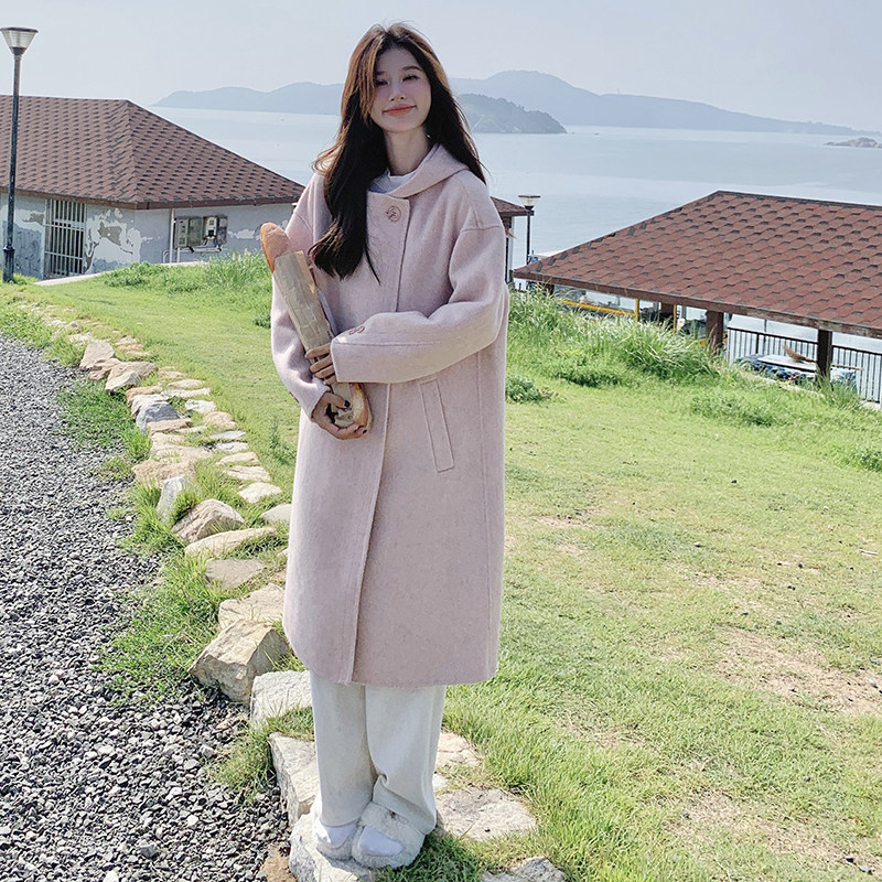 粉色学院风减龄双面羊绒大衣女中长款秋冬新款气质高级加厚呢外套,女装毛呢外套,惟卡贝娜