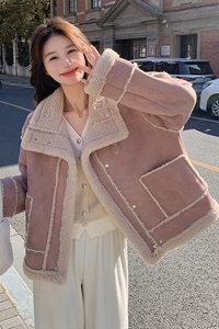 粉色中长款羊羔毛外套女2024冬季新款韩系甜美减龄加厚麂皮绒棉服图片