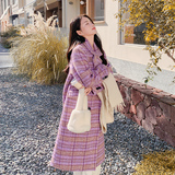 紫色格纹长款毛呢大衣女冬季2025新款爆款高级感加厚减龄呢外套潮，女装毛呢外套，惟卡贝娜