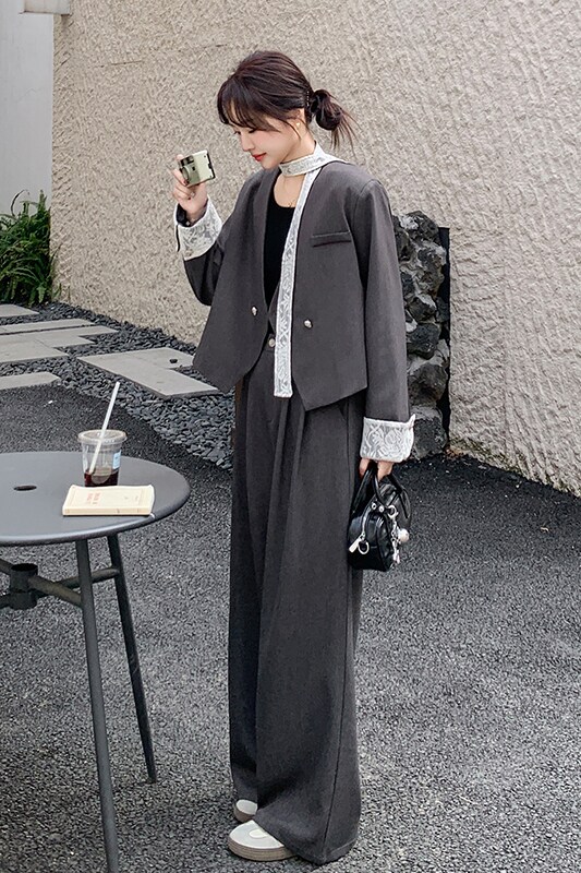 气质V领西装套装女2025春季新款高级感配丝巾短外套+阔腿裤两件套,女装套装/套裙,惟卡贝娜
