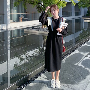 韩版木耳边针织拼接卫衣连衣裙女春秋2025新款温柔风时尚宽松长裙图片