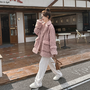 粉色拼接羊羔毛外套女2025冬季新款法式小香风格子加厚韩版外套潮图片
