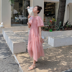 独特立体感压褶泡泡袖法式温柔风连衣裙女夏2025新款绝美长裙及踝图片