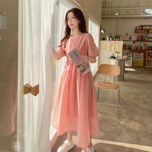 粉色泡泡袖连衣裙女2025夏季新款法式温柔风高腰显瘦中长款仙女裙图片