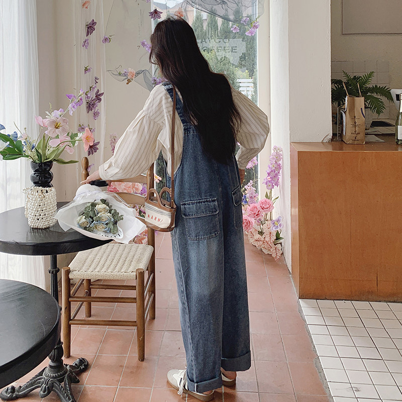 蓝色休闲牛仔背带裤套装女2025春季新款学院风洋气减龄工装连体裤,女装休闲裤,惟卡贝娜