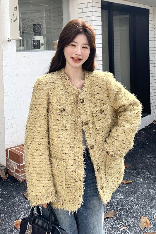 黄色高级感粗花呢小香风短外套女2025春法式高小个子名媛气质上衣,女装短外套,惟卡贝娜
