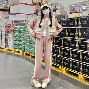 浅咖色休闲运动套装2025年秋季新款慵懒风棒球服外套阔腿裤两件套图片