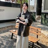 拼接常规春季宽松型口袋方领皮衣休闲洋气宽松中长款，女装皮衣，惟卡贝娜