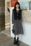 韩系长款赫本学院风2025女秋季新款漂亮长袖碎花连衣裙马甲两件套，女装连衣裙，惟卡贝娜