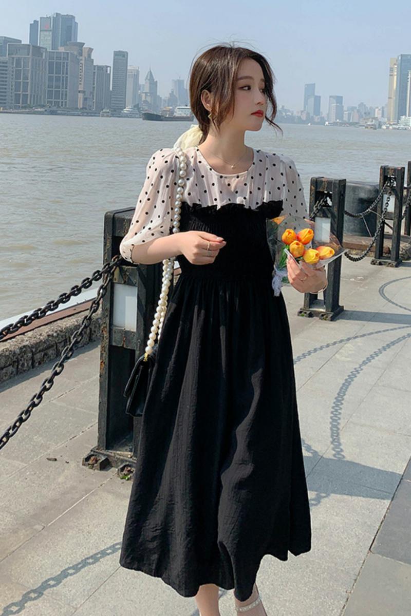 现货226-L60-P1052022夏季新款波点拼接连衣裙女控价158,女装连衣裙,惟卡贝娜