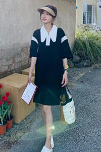 高级感polo领黑色连衣裙女夏2025新款学院风宽松休闲T恤裙中长裙图片