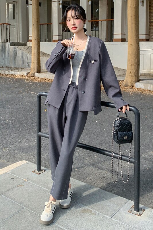 灰色西装套装女2025春季新款韩版高级感ootd穿搭休闲阔腿裤两件套,女装套装/套裙,惟卡贝娜