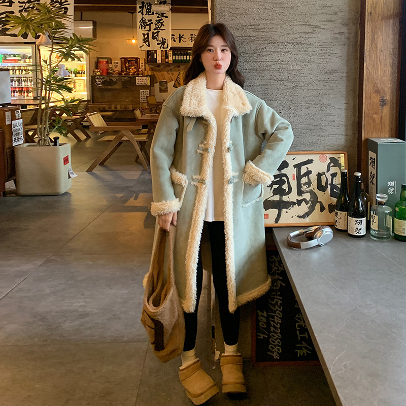 超好看中长款皮毛一体大衣女2024冬季新款韩系小清新加厚保暖棉服,女装毛呢外套,惟卡贝娜