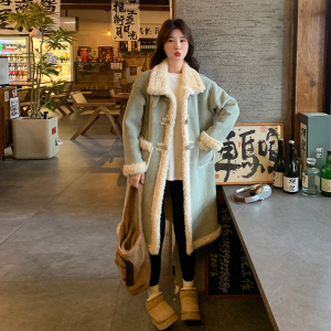 超好看中长款皮毛一体大衣女2024冬季新款韩系小清新加厚保暖棉服