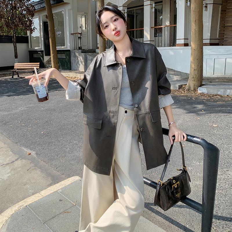 拼接常规春季宽松型口袋方领皮衣休闲洋气宽松中长款,女装皮衣,惟卡贝娜
