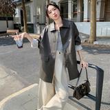 拼接常规春季宽松型口袋方领皮衣休闲洋气宽松中长款，女装皮衣，惟卡贝娜