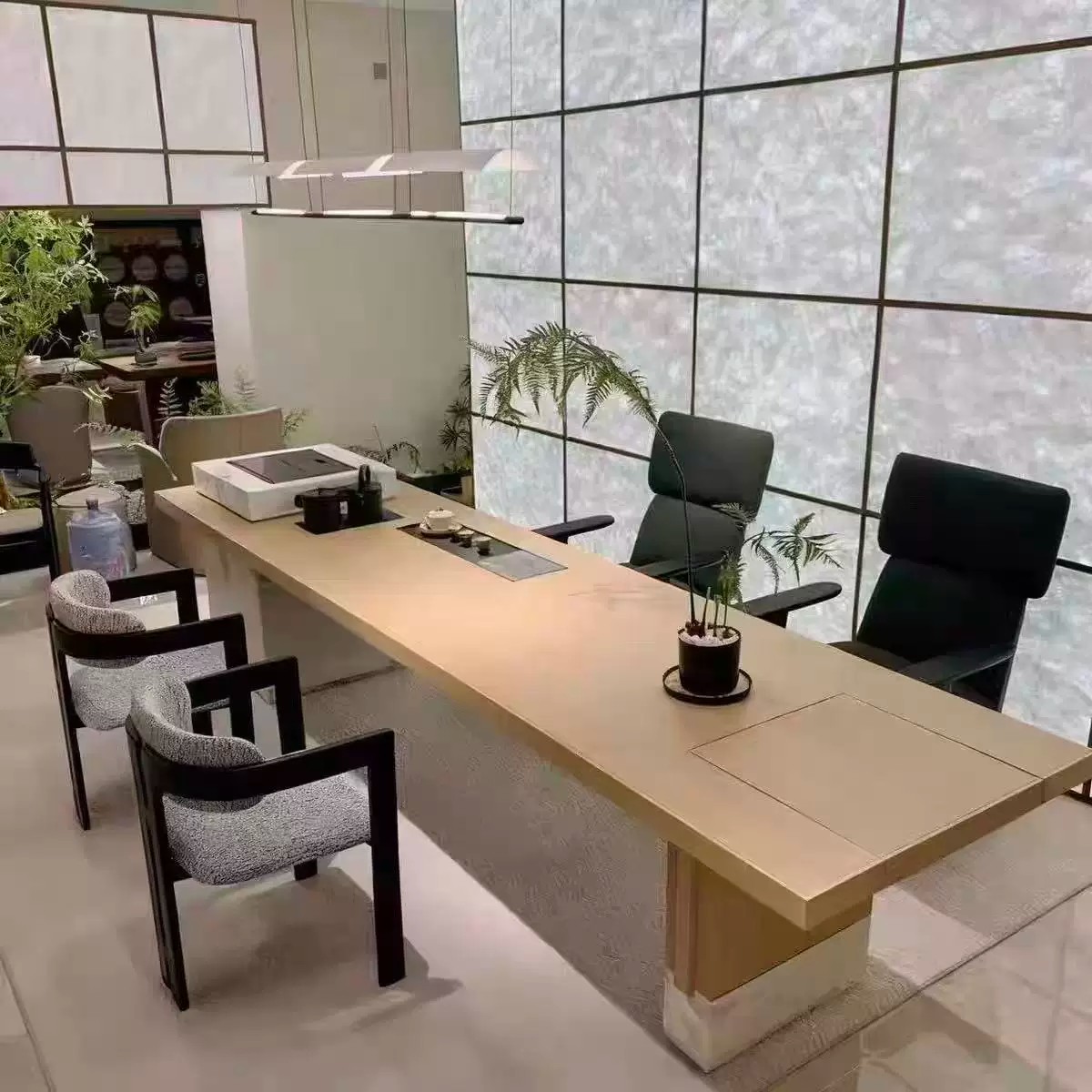 新中式实木茶桌现代简约天然洞石茶桌简约家用客厅办公室泡茶桌