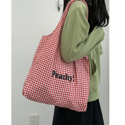 韩系方格大容量字母帆布包