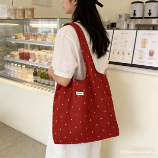 红色黑色碎花肌理褶皱托特帆布包包女大容量通勤上班逛街手提布袋