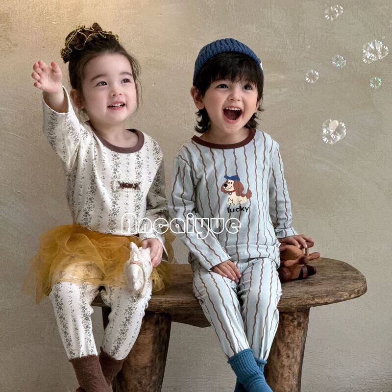 新款纯棉无骨莱卡儿童家居服套装男女童A类卡通秋衣秋裤睡衣套装