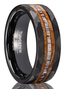 钨金男款镶真鹿角橡木戒指