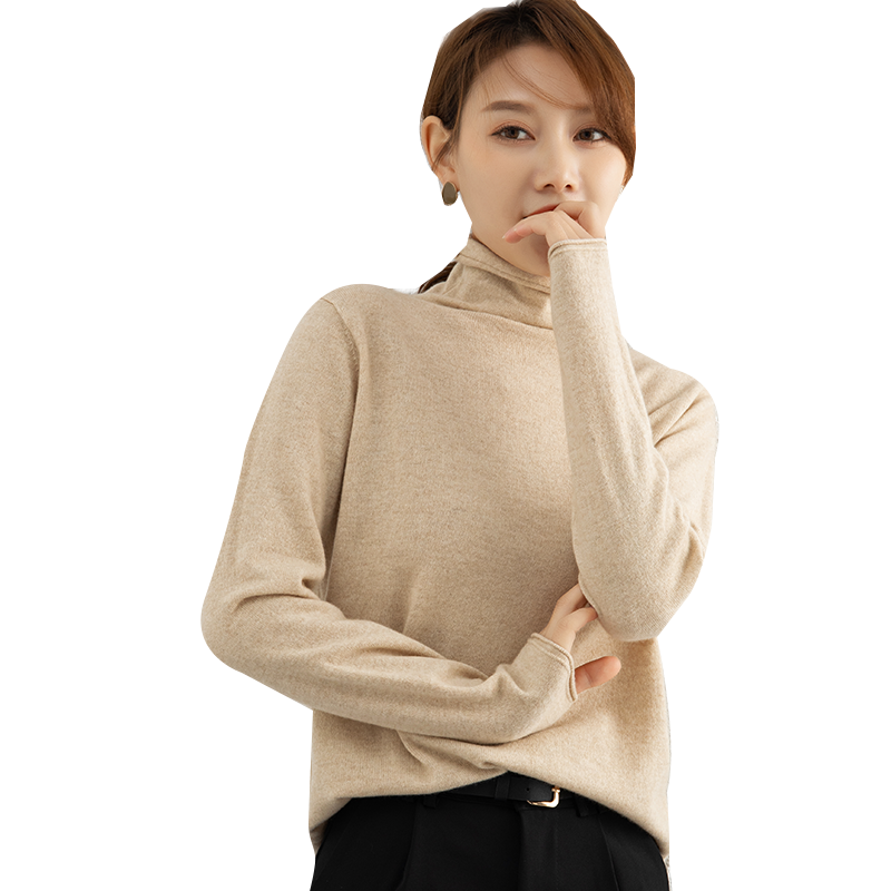 迪瑞羊100%山羊绒女羊绒衫自由领打底衫长袖内搭高领毛衣卷边百搭