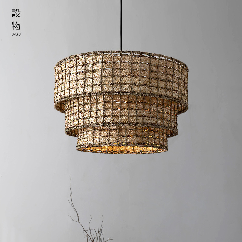 侘寂风复古客厅吊灯新中日式民宿卧室餐厅禅意茶室酒店设计师藤编