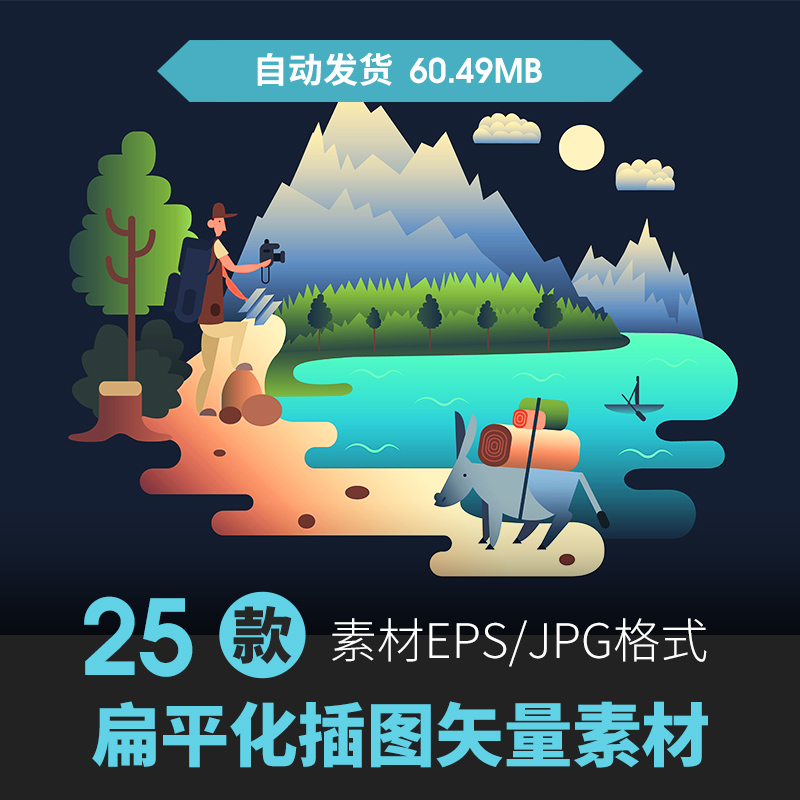 卡通扁平手绘小人户外劳动出行旅游运动节日场景插画海报PSD素材