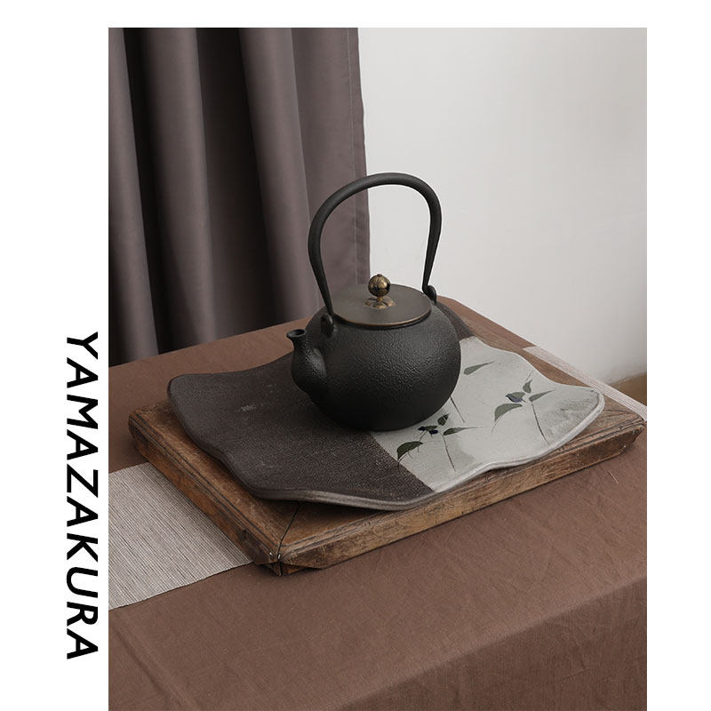 日本製 中古益子烧柴烧方形壶承茶盘 干泡台茶托侘寂茶器古窑茶台
