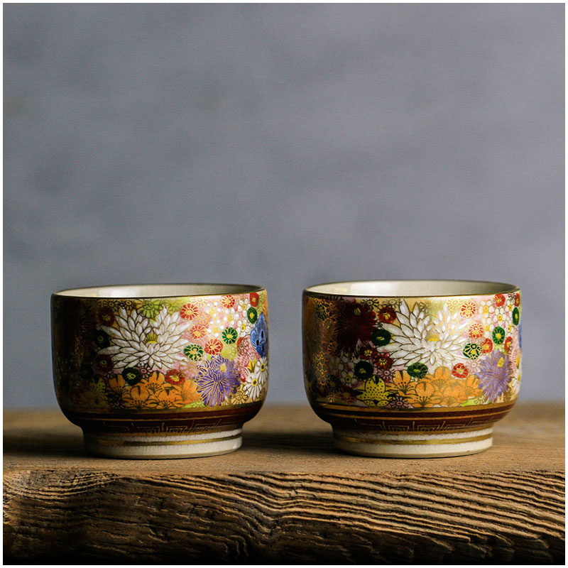 日本进口中古瓷器九谷烧百花不落地茶杯茶壶主人杯粉彩金花诘单杯