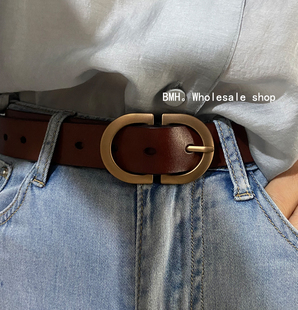 三色韩国新款针扣女皮带高质感光面金属二层牛皮腰带韩百搭时尚裤