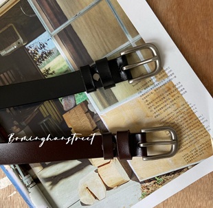 推荐古银色简洁复古腰带二层牛皮皮带针扣光面高腰裤带黑咖色必入