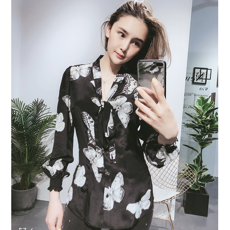 2022春夏衬衫女v领性感修身雪纺上衣真丝内搭显瘦蝴蝶结气质衬衫