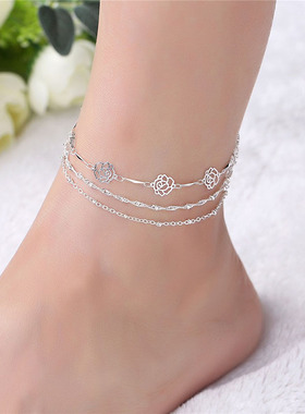 欧美外贸银色玫瑰花镂空钻石串珠多层双层三层链条脚链速卖通ebye