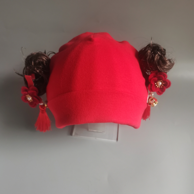 女宝宝假发帽子公主中国风婴幼儿胎帽春秋棉布帽6-12月周岁礼红色