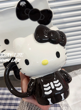 外贸Hello Kitty 卡通杯 KT猫立体手绘马克杯黑色主题茶杯水杯子