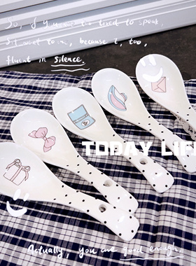 外贸出口尾货 ins风复古黑波点 粉蓝色少女陶瓷勺子调羹饭勺汤勺