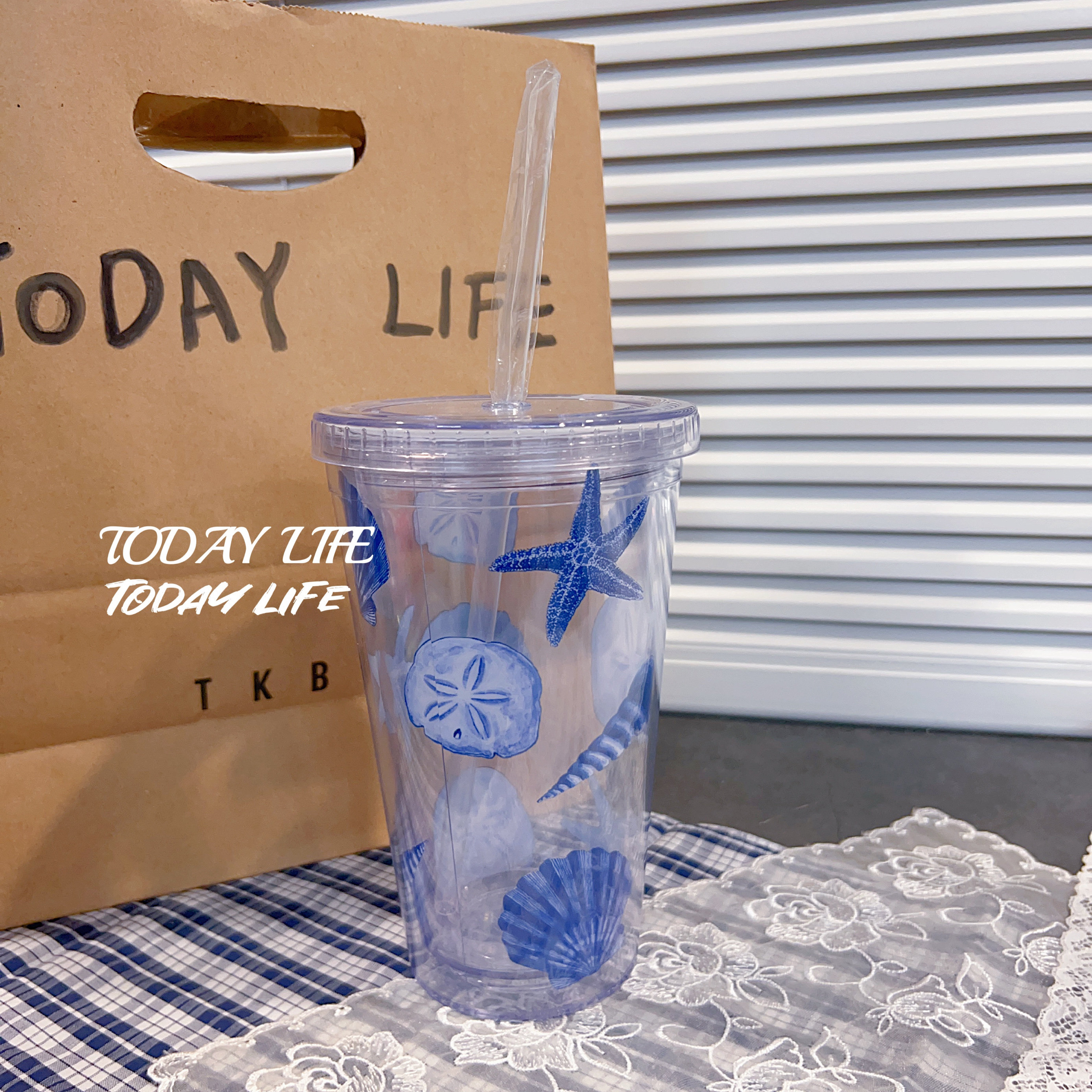 ins风地中海贝壳系亚克力双层吸管杯冷饮杯果汁杯星冰乐杯饮料杯