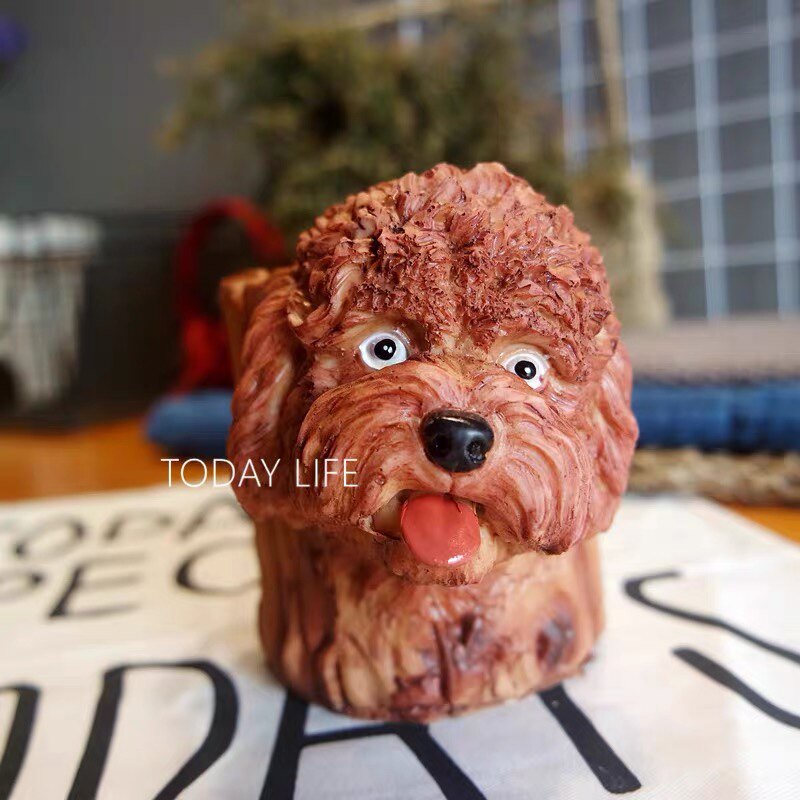 泰国手工雕刻立体3D动物泰迪犬笔筒装饰摆件办公收纳卡通笔筒送礼
