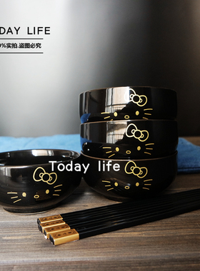 陶瓷KT猫黑色陶瓷碗厨房用品餐饮具套装可爱卡通米饭碗