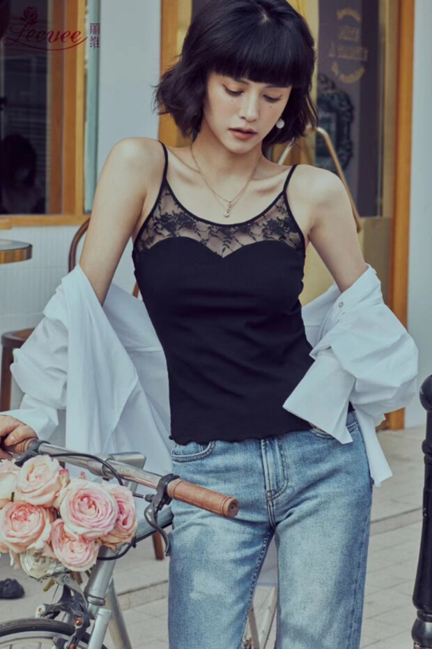 包邮丽维 春夏圆领蕾丝螺纹棉拼接细肩带女吊带背心 打底背